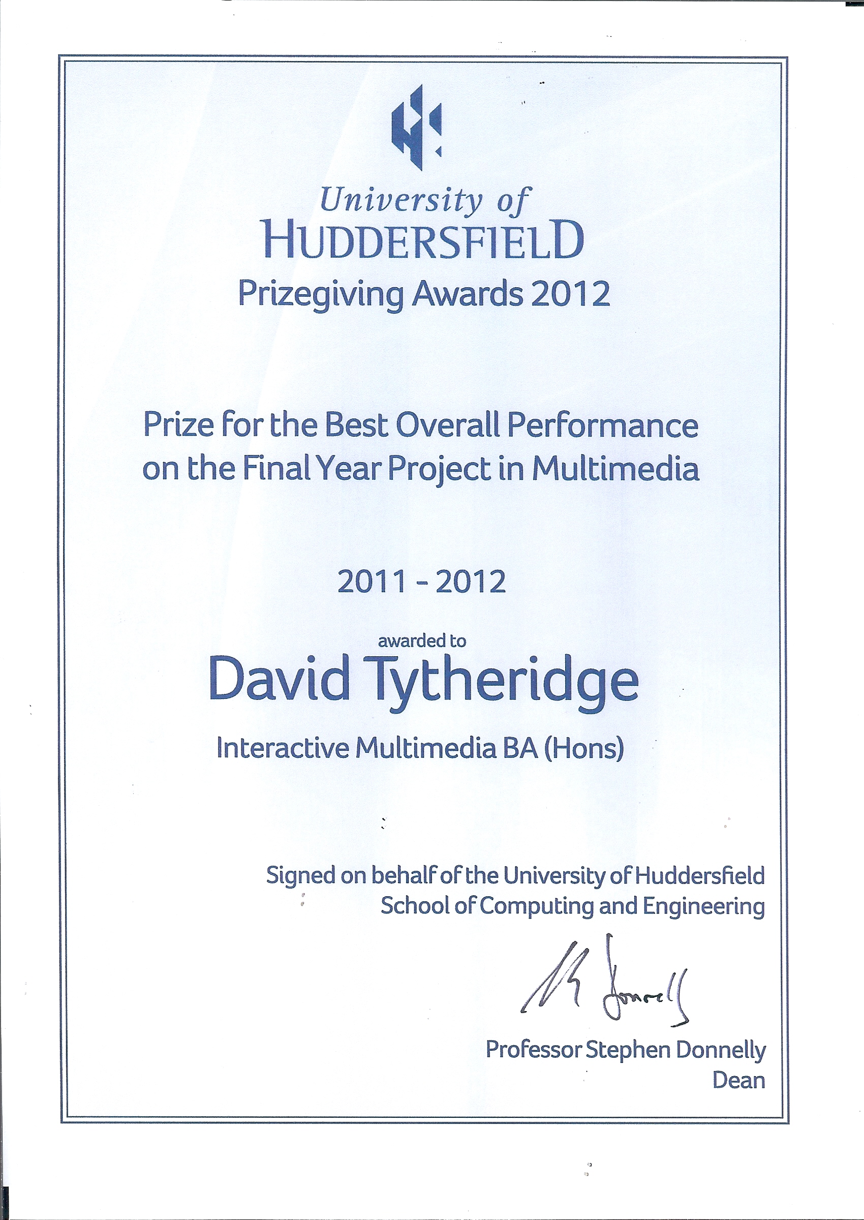 Best Overall Performance on the Final Year Project in Multimedia